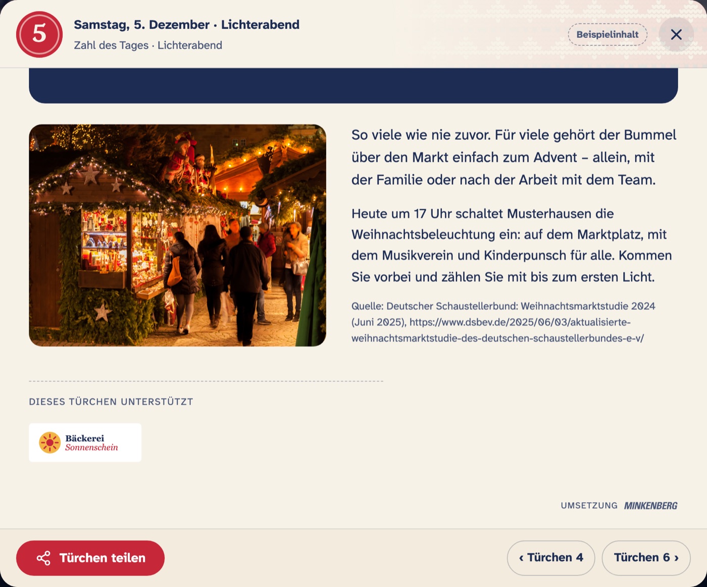 Ein geöffnetes Türchen des Demo-Kalenders. Unter dem Inhalt steht „Dieses Türchen unterstützt“ und darunter das Logo der Bäckerei Sonnenschein.
